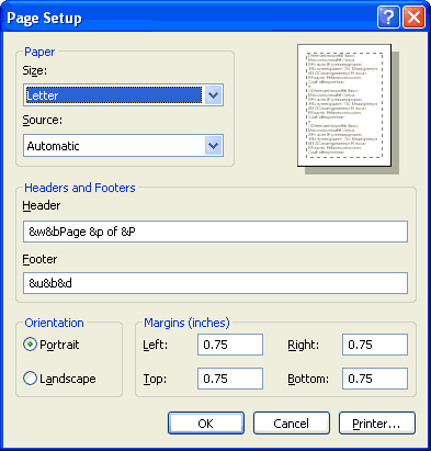 Image: Page Setup in Internet Explorer