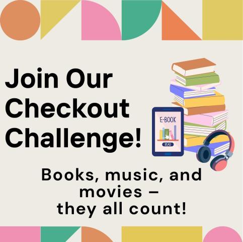 reads Join Our Checkout challenge next to a stack of books, e-reader, and headphones