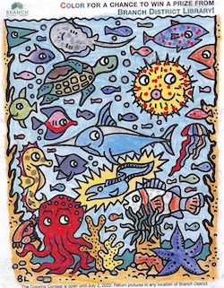 coloring sheet of a ocean scene featuring animals 