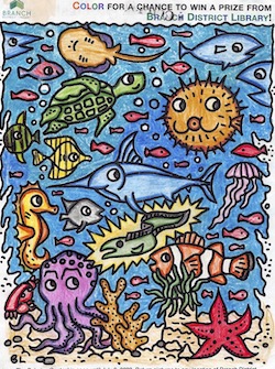 coloring sheet of a ocean scene featuring animals 