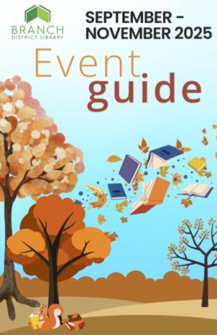 Event Guide cover with fall tree with leaves and books in the breeze. A squirrel sits under a tree reading next to a stack of books. 