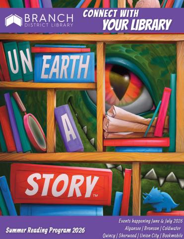 dinosaur eye looking through a bookshlef