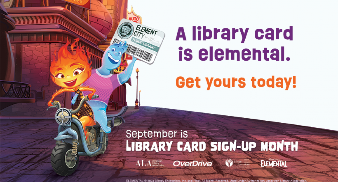 Movie cartoon characters on a motorcycle with a library card 