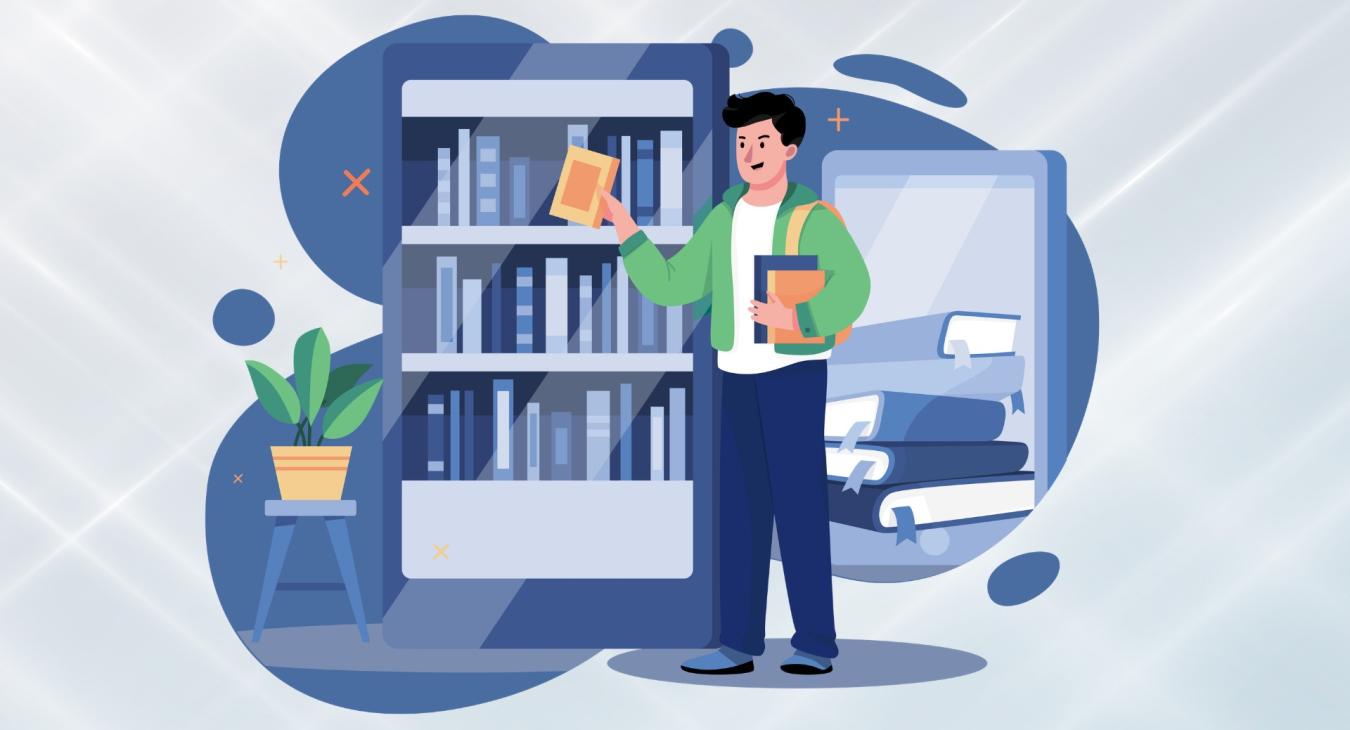 Image showing a person finding a book on a bookshelf.