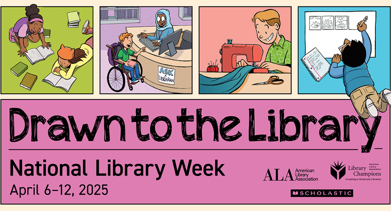 the words dran to the library on pink background with images of people doing activities in the library