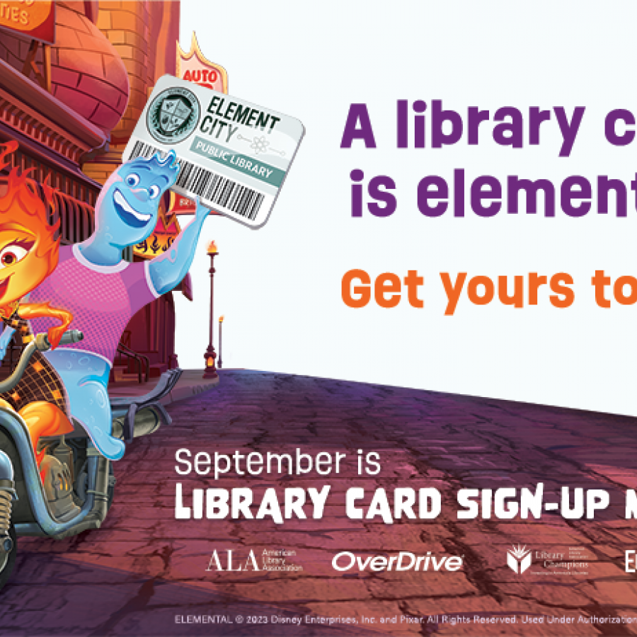 Movie cartoon characters on a motorcycle with a library card 