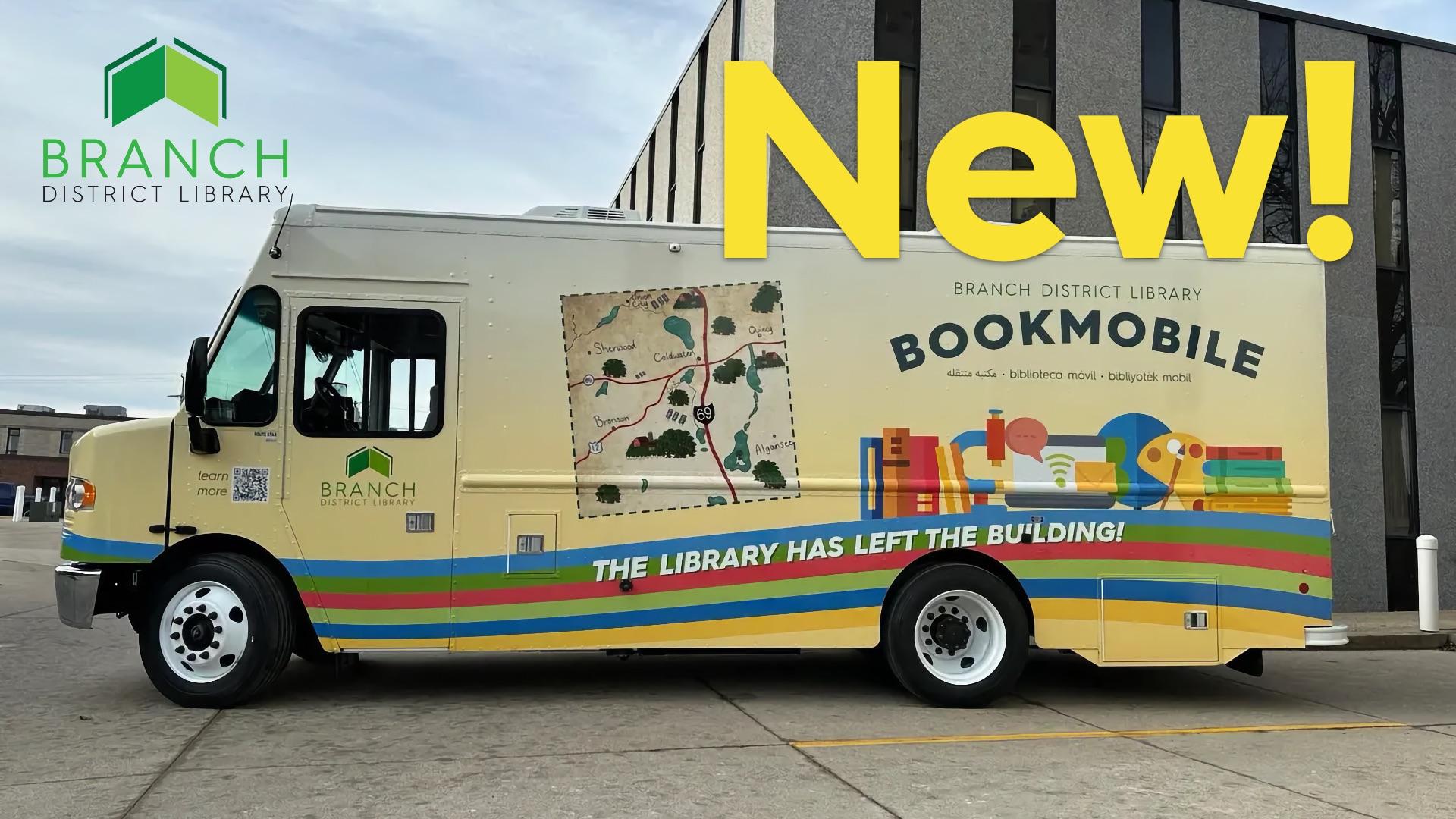 Image of BDL Bookmobile Parked at the Library, with the library logo and the word "New!"